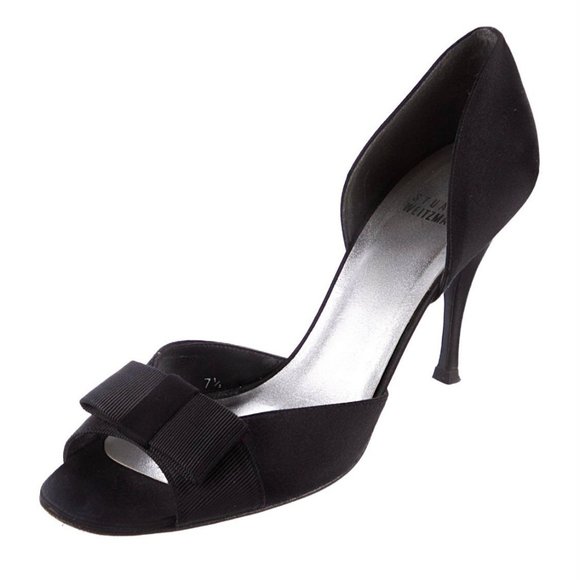 NEW Stuart Weitzman Peep Toe Bow Stiletto D'orsay Satin Sandal Heels 7.5 Black - Picture 1 of 9